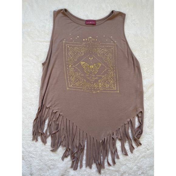 Ragdoll Tops - Ragdoll Tank Top Women tan Gold Butterfly Fringe Boho- Large